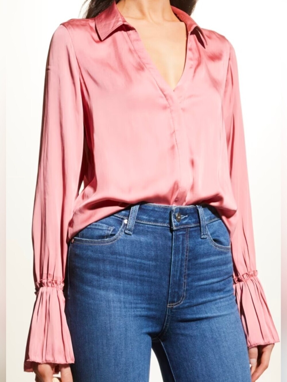 PAIGE Abriana Satin Lipstick Pink V-Neck Blouse with Flared Cuffs Size Medium